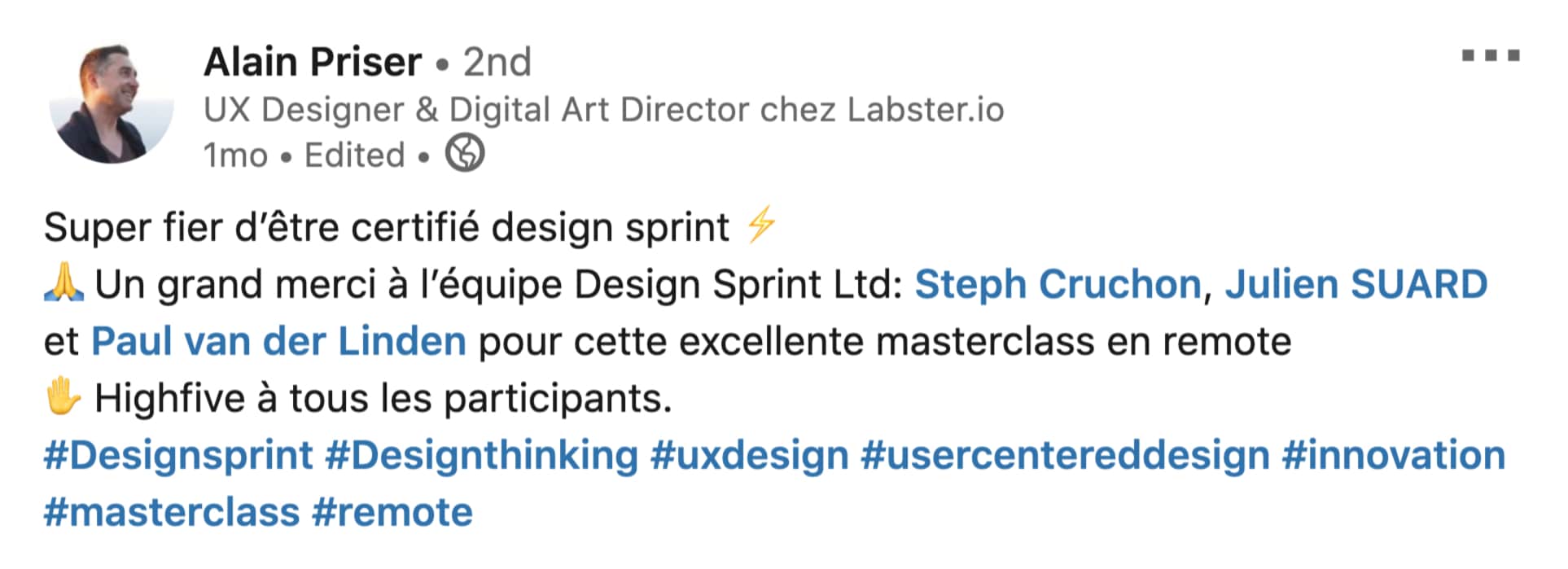 positive testimonial client Design Sprint